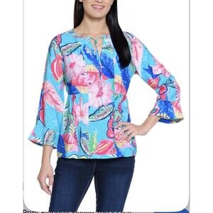 Ali Miles Women's Lg Tropical Leaf Print 3/4 Sleeve Blouse Multicolor NWT Resort